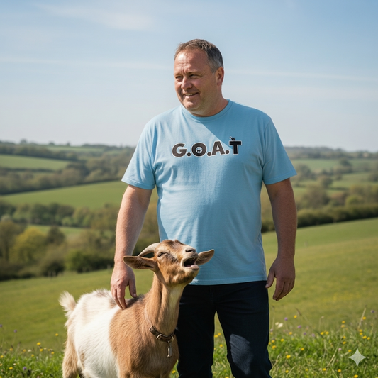 man stood in a field with a goat wearing a light blue t-shirt with a goat design
