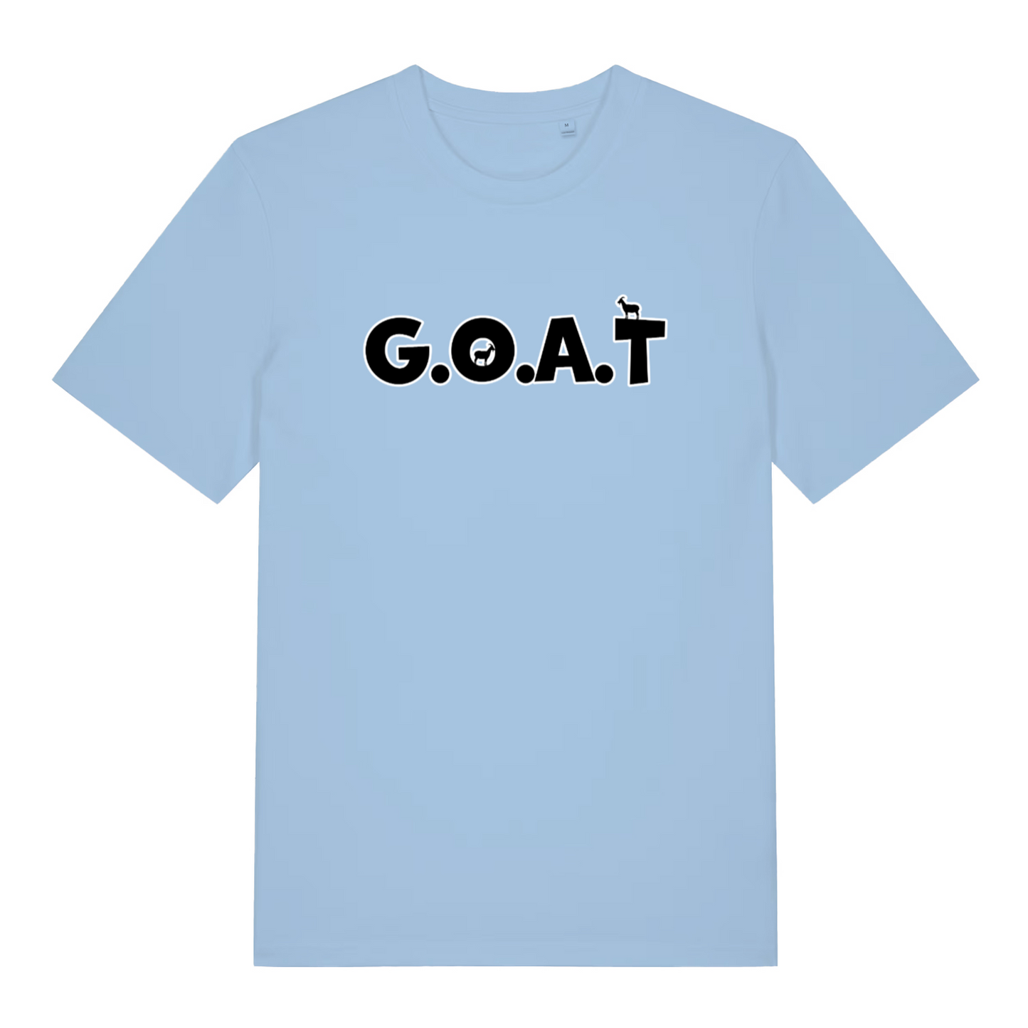 light blue slogan t-shirt with the text 'goat'