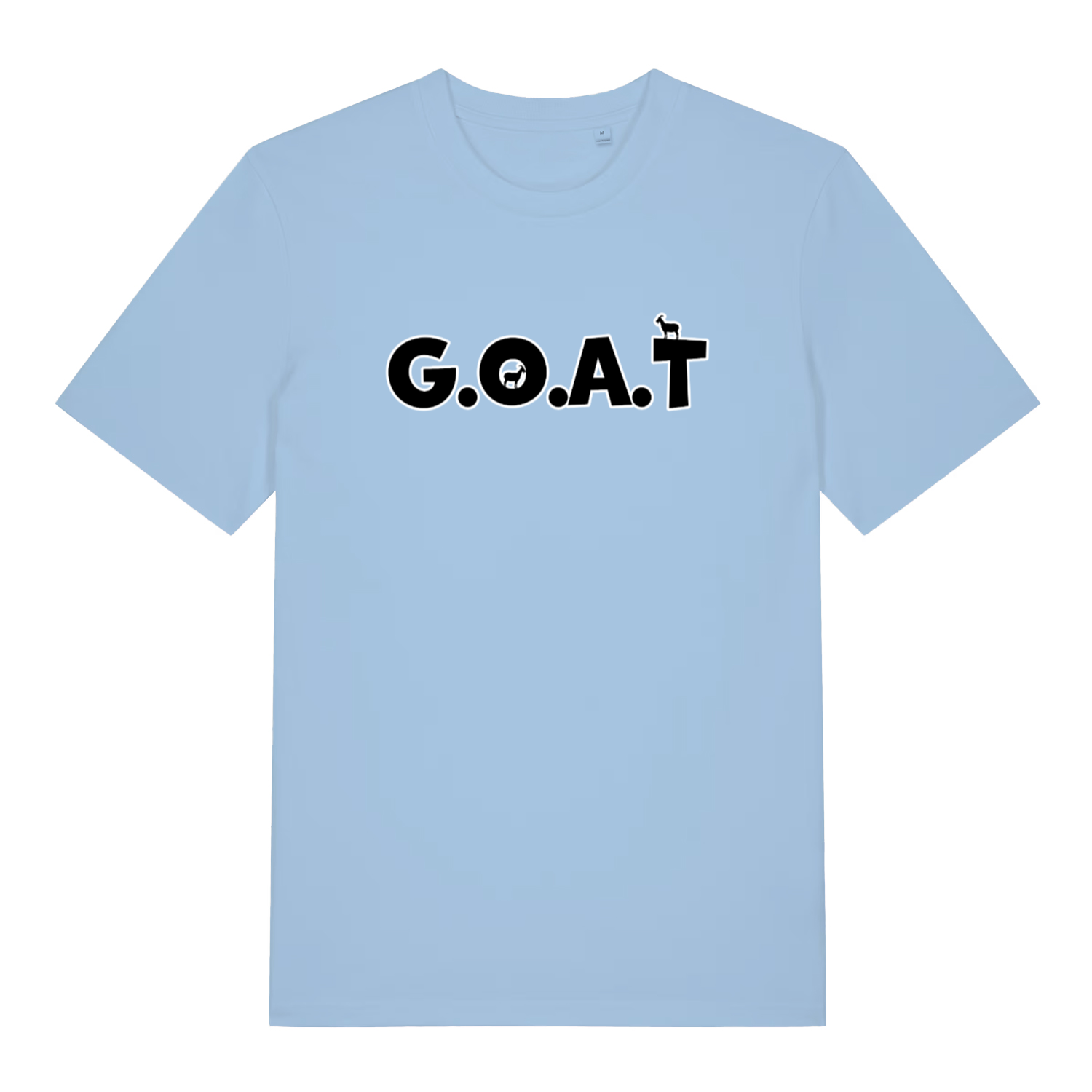 light blue slogan t-shirt with the text 'goat'
