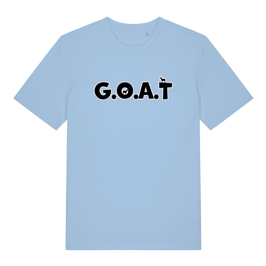 light blue slogan t-shirt with the text 'goat'