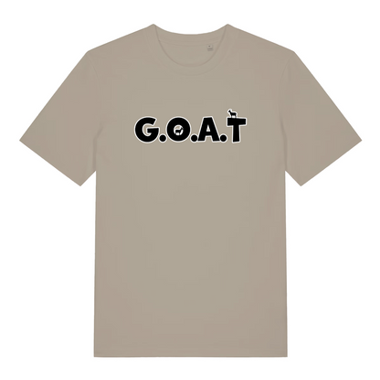 stone slogan t-shirt with the text 'goat'