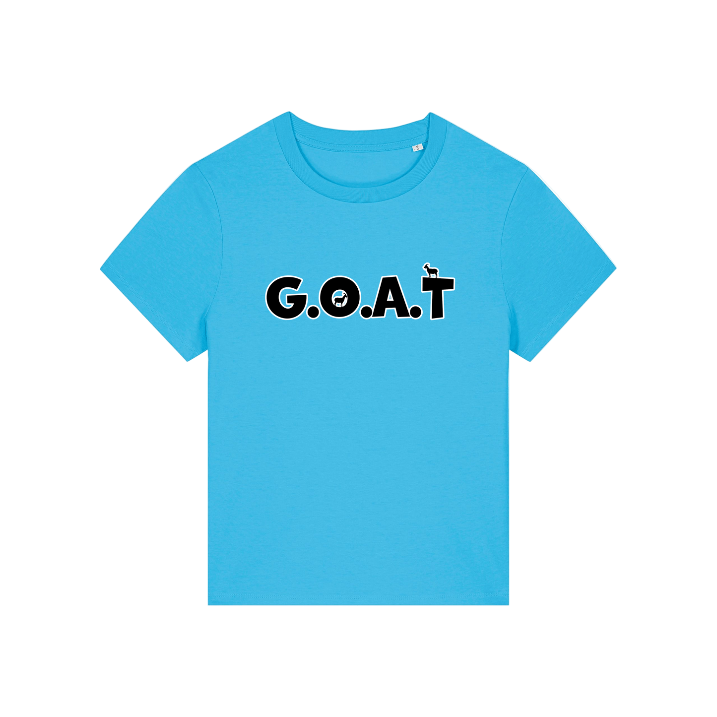 blue funny animal t-shirt with the slogan 'goat' in capitals