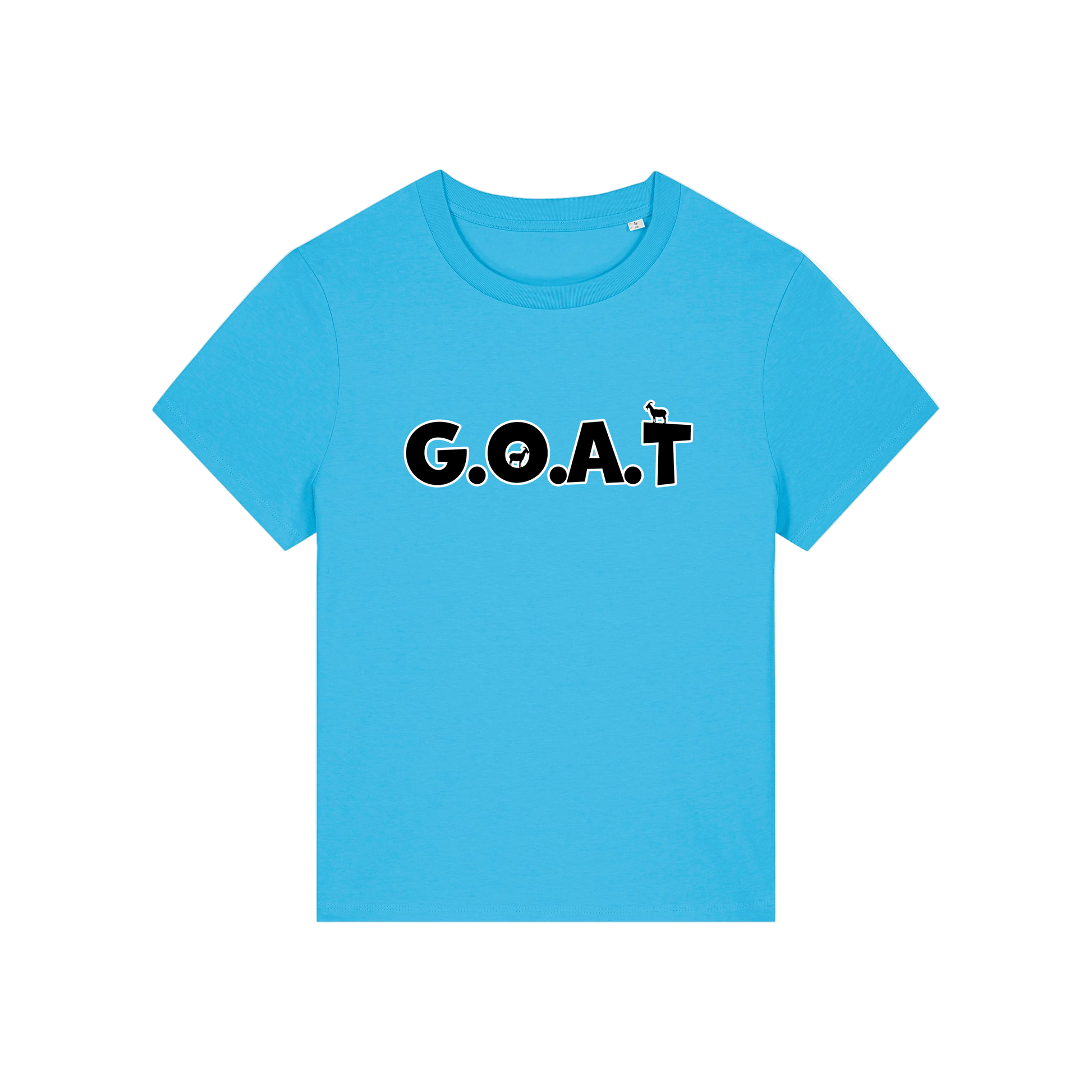 blue funny animal t-shirt with the slogan 'goat' in capitals