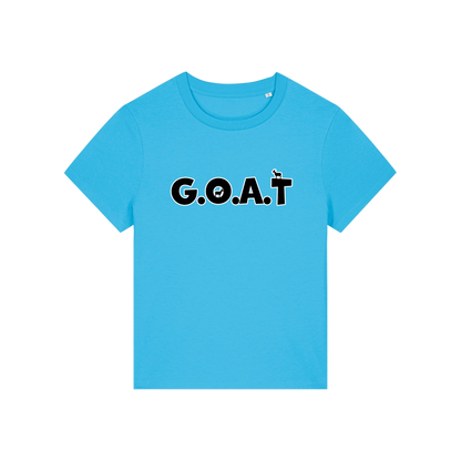 blue funny animal t-shirt with the slogan 'goat' in capitals