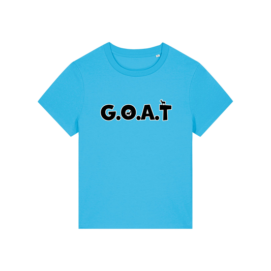 blue funny animal t-shirt with the slogan 'goat' in capitals