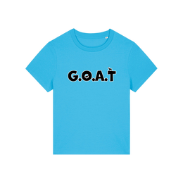 blue funny animal t-shirt with the slogan 'goat' in capitals