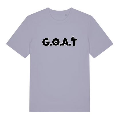 lavender women's funny slogan t-shirt with the text 'GOAT'
