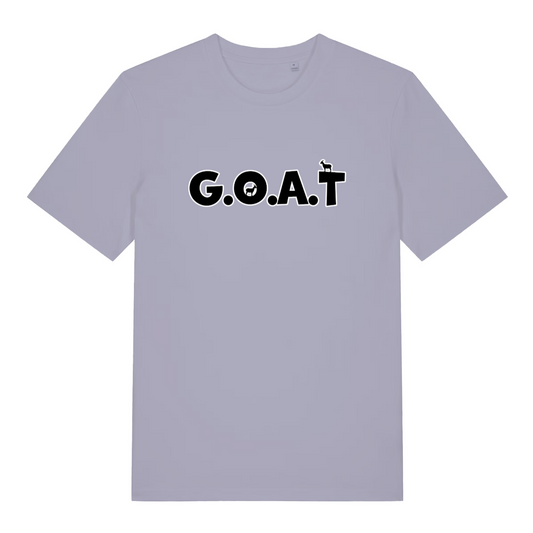 lavender women's funny slogan t-shirt with the text 'GOAT'