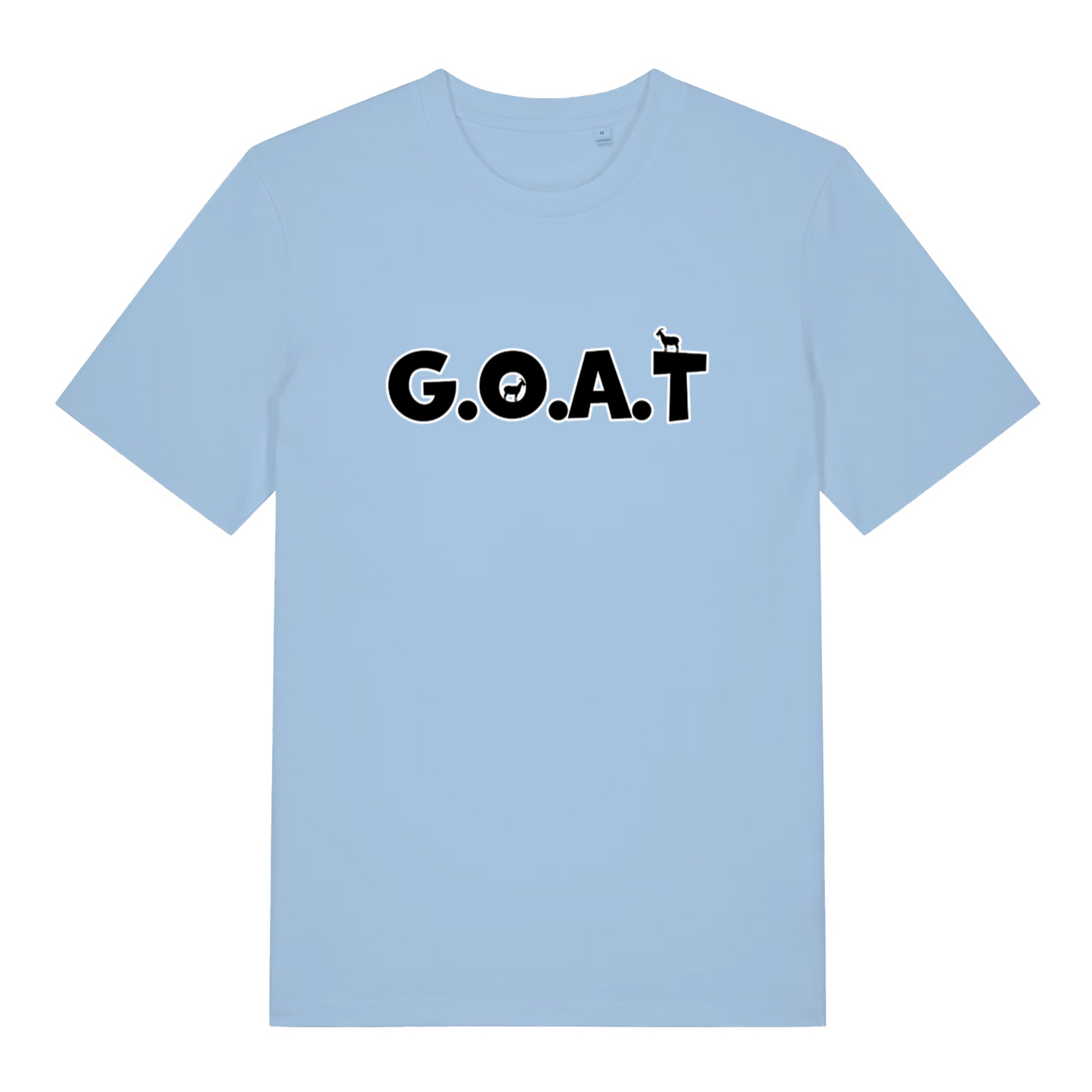 light blue women's funny slogan t-shirt with the text 'GOAT'