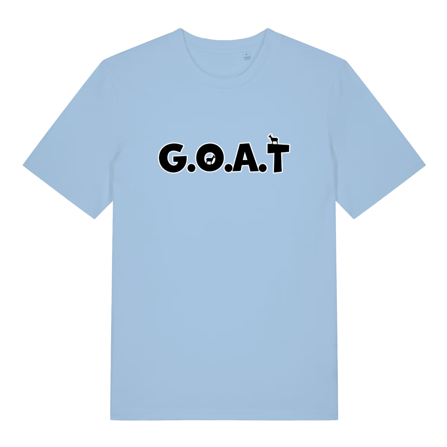 light blue women's funny slogan t-shirt with the text 'GOAT'