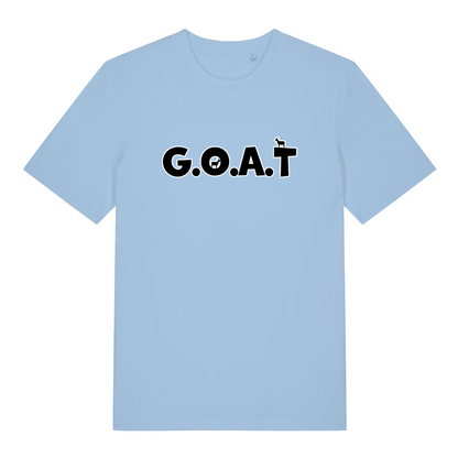 light blue women's funny slogan t-shirt with the text 'GOAT'
