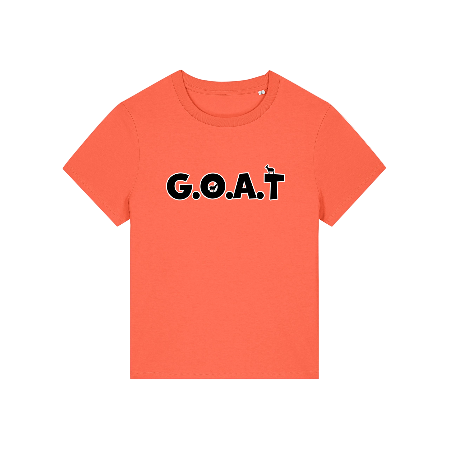 orange funny animal t-shirt with the slogan 'goat' in capitals