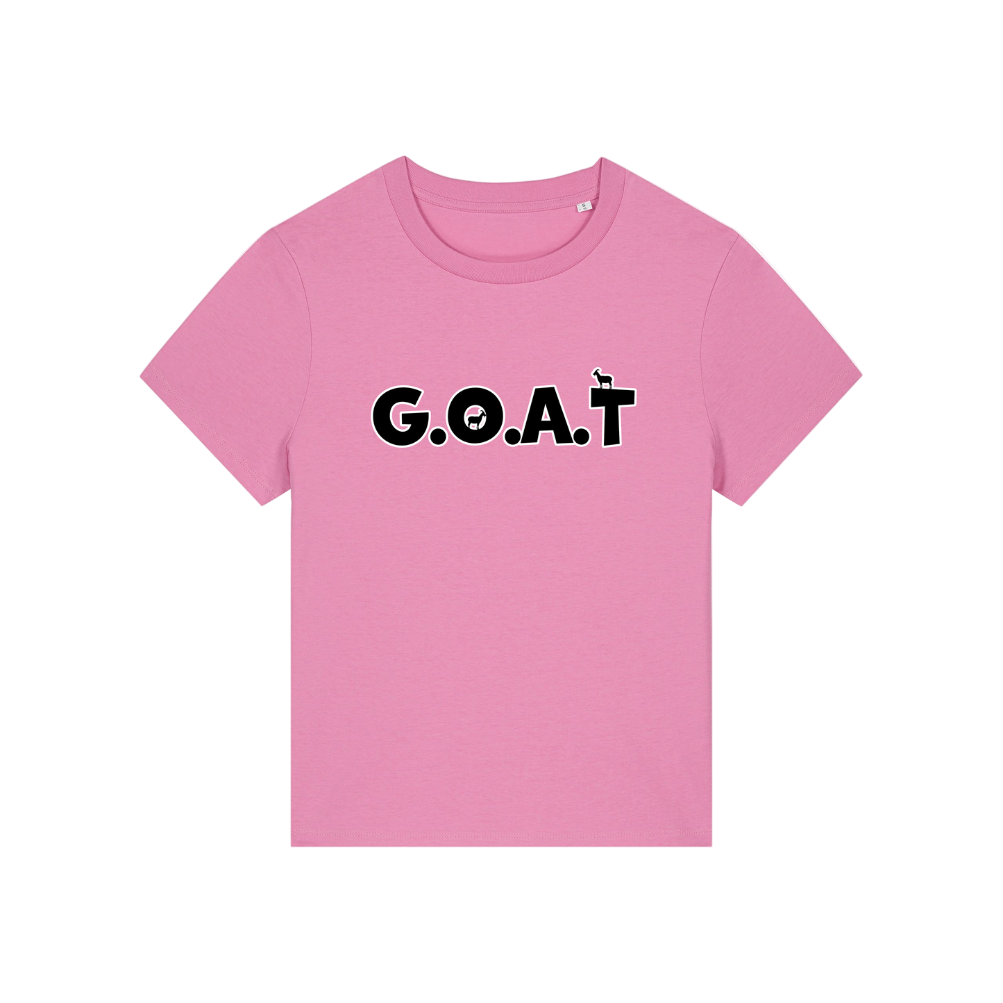 pink funny animal t-shirt with the slogan 'goat' in capitals