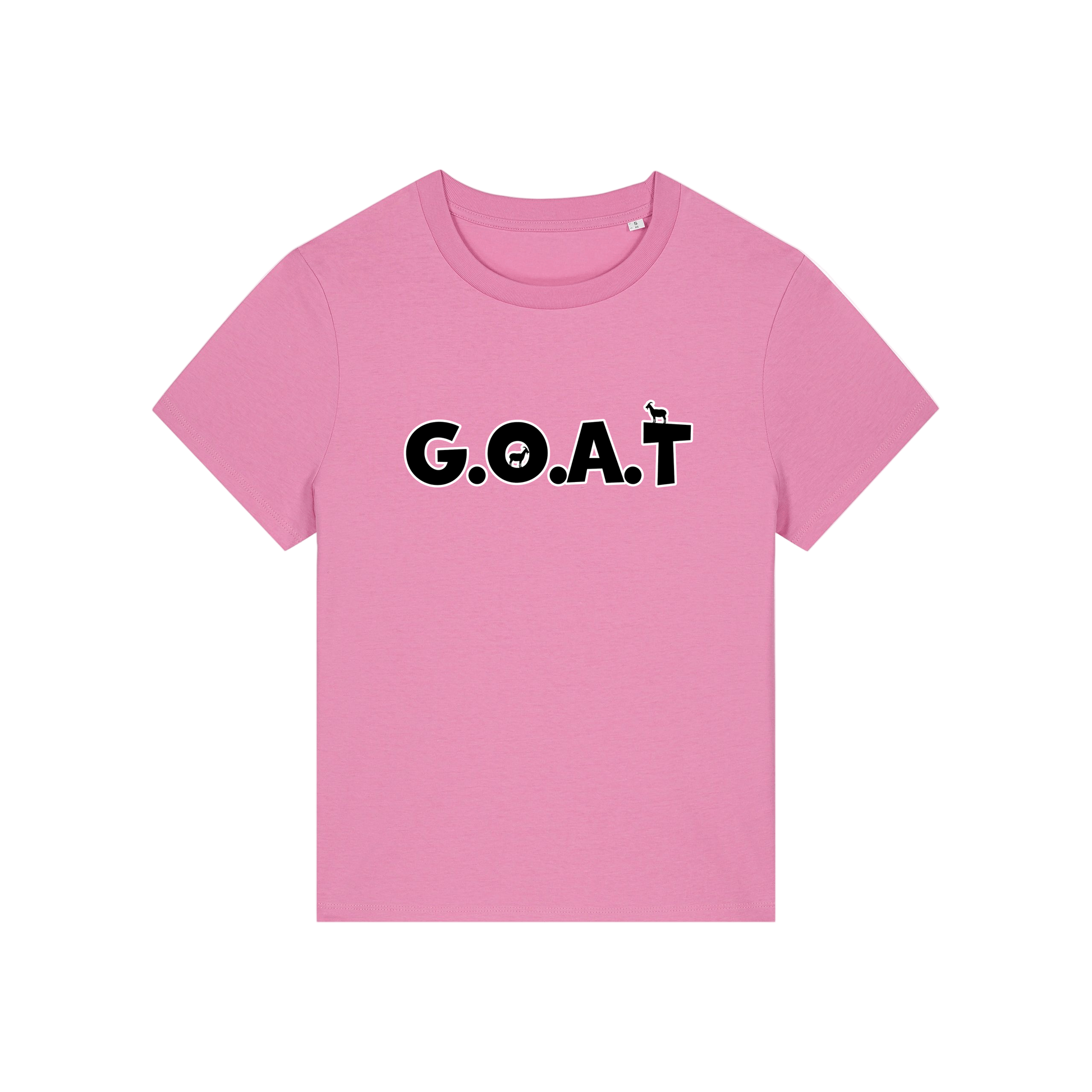 pink funny animal t-shirt with the slogan 'goat' in capitals