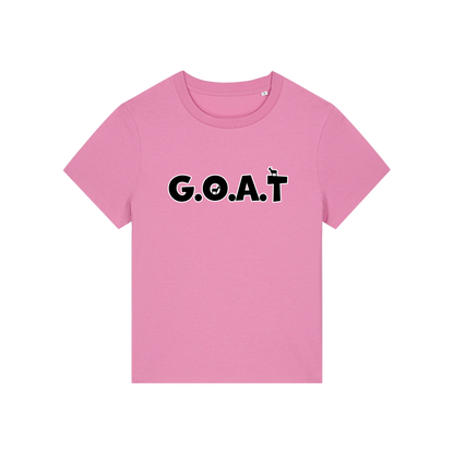 pink funny animal t-shirt with the slogan 'goat' in capitals