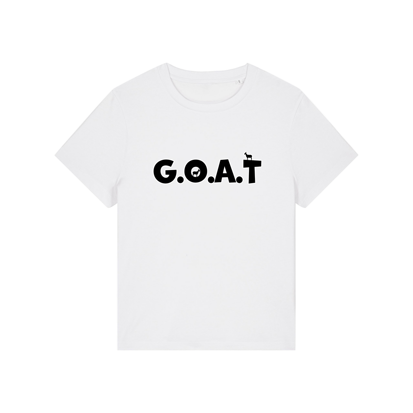white funny animal t-shirt with the slogan 'goat' in capitals