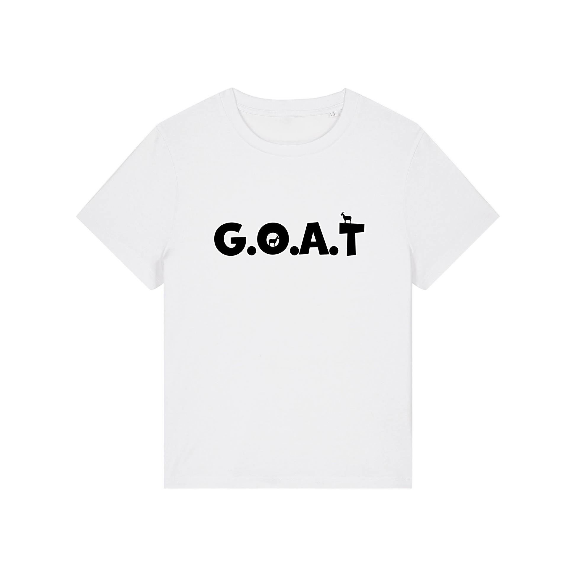 white funny animal t-shirt with the slogan 'goat' in capitals