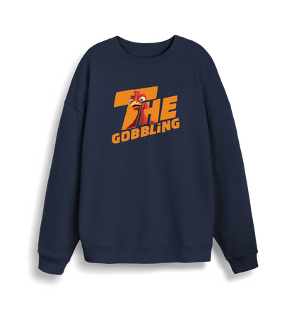 navy christmas sweater with the slogan 'the gobbling'