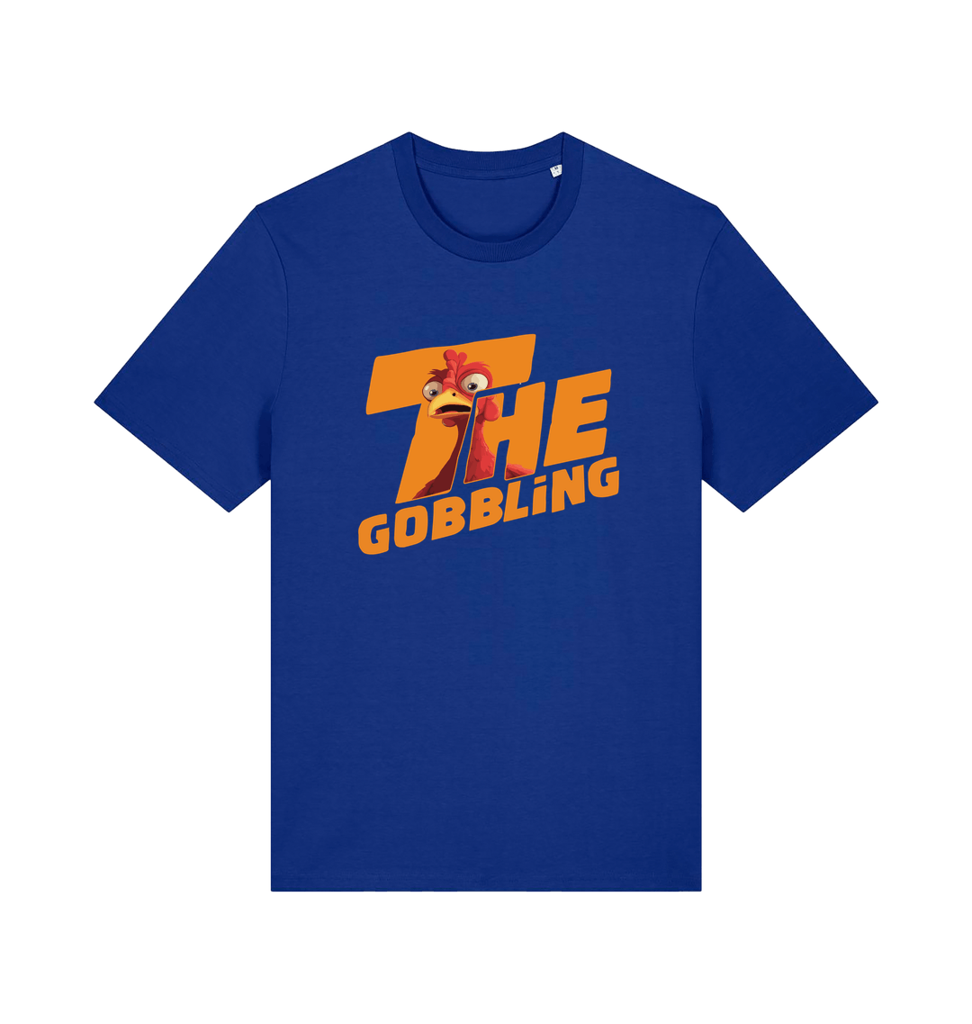 blue christmas t-shirt with the graphic of a turkey inside the slogan 'the gobbling'