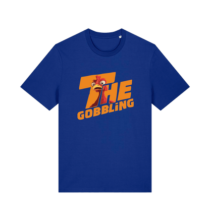 blue christmas t-shirt with the graphic of a turkey inside the slogan 'the gobbling'