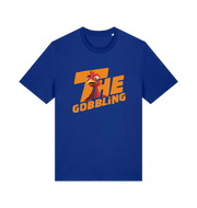 blue christmas t-shirt with the graphic of a turkey inside the slogan 'the gobbling'