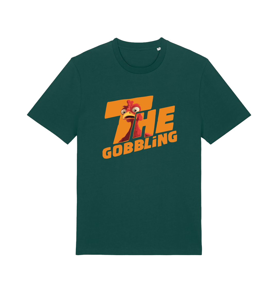 green christmas t-shirt with the graphic of a turkey inside the slogan 'the gobbling'