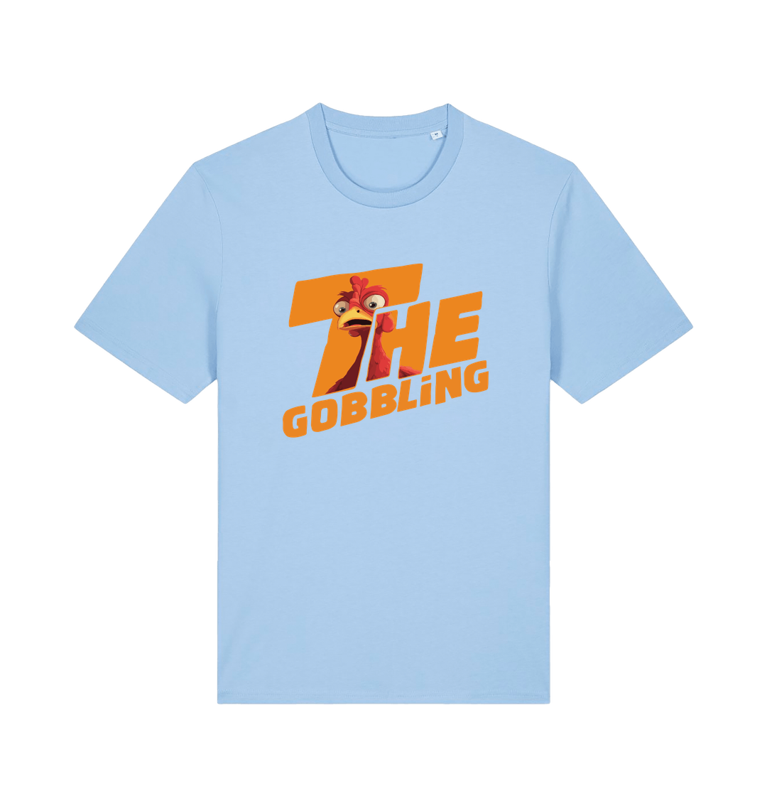 light blue christmas t-shirt with the graphic of a turkey inside the slogan 'the gobbling'