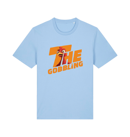 light blue christmas t-shirt with the graphic of a turkey inside the slogan 'the gobbling'