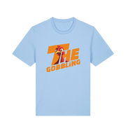 light blue christmas t-shirt with the graphic of a turkey inside the slogan 'the gobbling'