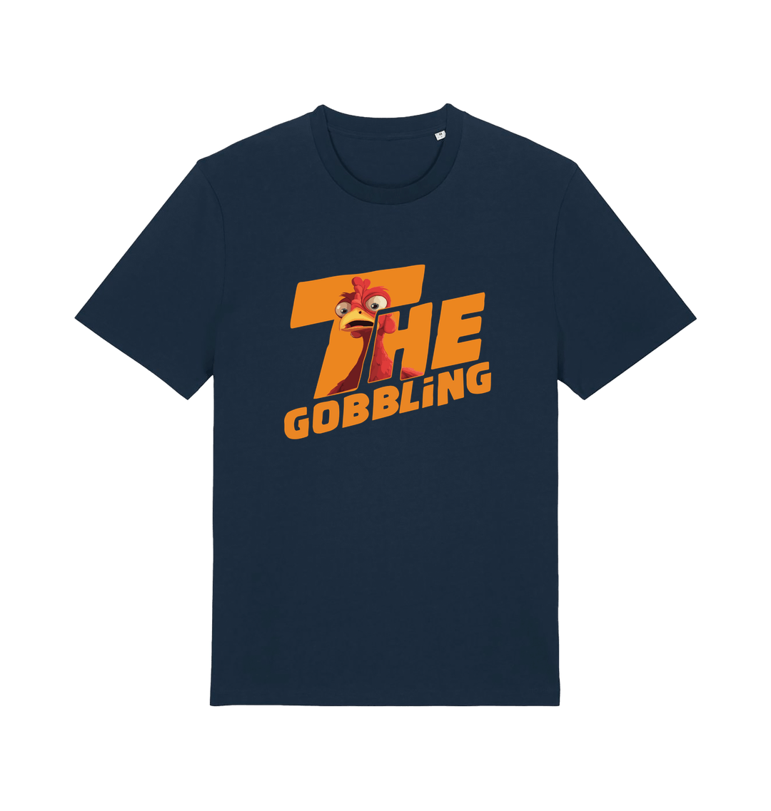 navy christmas t-shirt with the graphic of a turkey inside the slogan 'the gobbling'