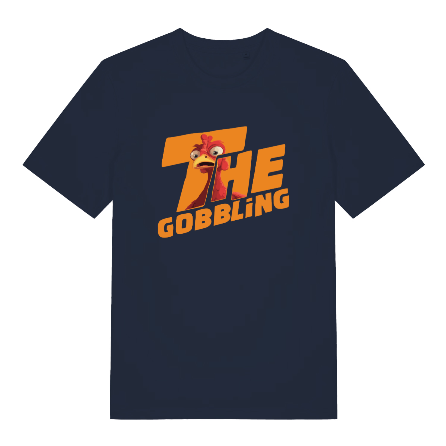 navy christmas t-shirt with a turkey graphic and the text 'the gobbling'