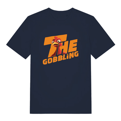 navy christmas t-shirt with a turkey graphic and the text 'the gobbling'