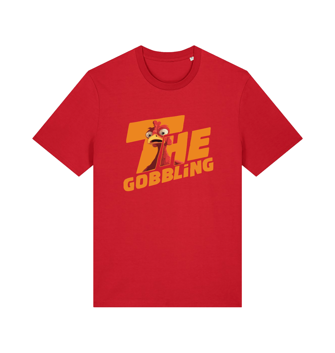 red christmas t-shirt with the graphic of a turkey inside the slogan 'the gobbling'