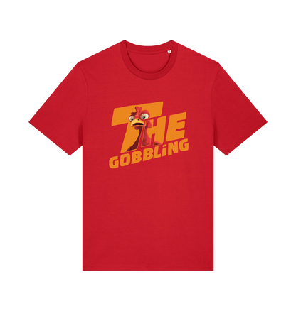red christmas t-shirt with the graphic of a turkey inside the slogan 'the gobbling'
