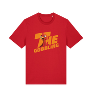 red christmas t-shirt with the graphic of a turkey inside the slogan 'the gobbling'