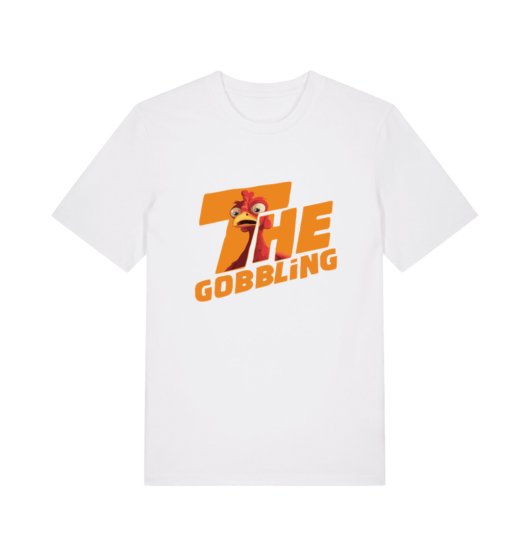 white christmas t-shirt with the graphic of a turkey inside the slogan 'the gobbling'