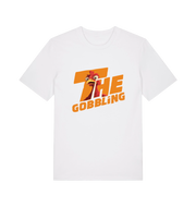 white christmas t-shirt with the graphic of a turkey inside the slogan 'the gobbling'