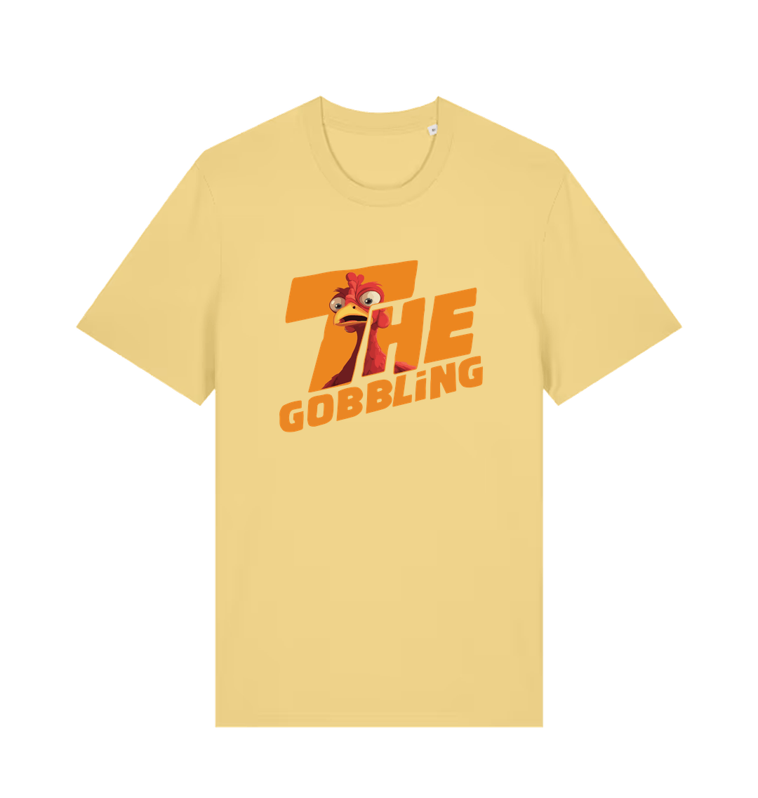 yellow christmas t-shirt with the graphic of a turkey inside the slogan 'the gobbling'