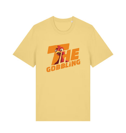 yellow christmas t-shirt with the graphic of a turkey inside the slogan 'the gobbling'