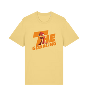 yellow christmas t-shirt with the graphic of a turkey inside the slogan 'the gobbling'