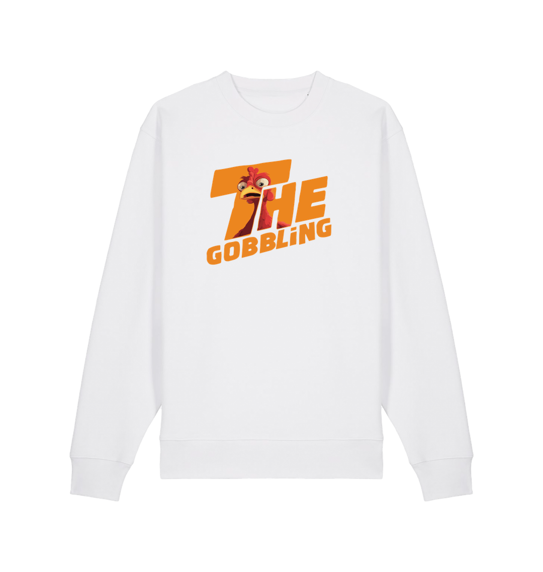 white christmas sweater with the slogan 'the gobbling'