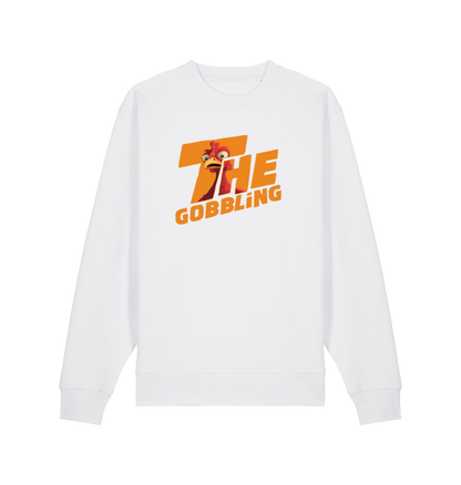 white christmas sweater with the slogan 'the gobbling'