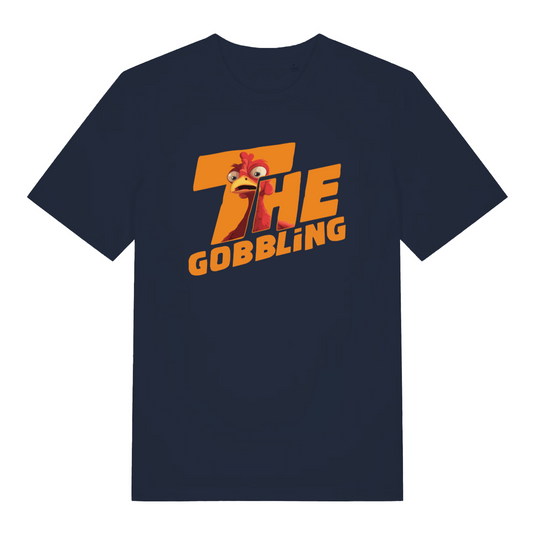 navy women's christmas t-shirt with the graphic of a turkey inside the text 'the gobbling'