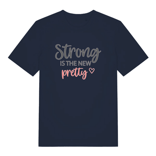 navy women's slogan t-shirt with the text 'strong is the new pretty'