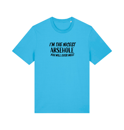 blue rude t-shirt with the slogan 'i'm the nicest arsehole you will ever meet'