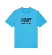 blue rude t-shirt with the slogan 'i'm the nicest arsehole you will ever meet'