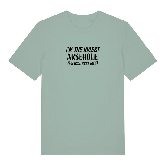 green funny offensive t-shirt with the slogan 'i'm the nicest arsehole you will ever meet'
