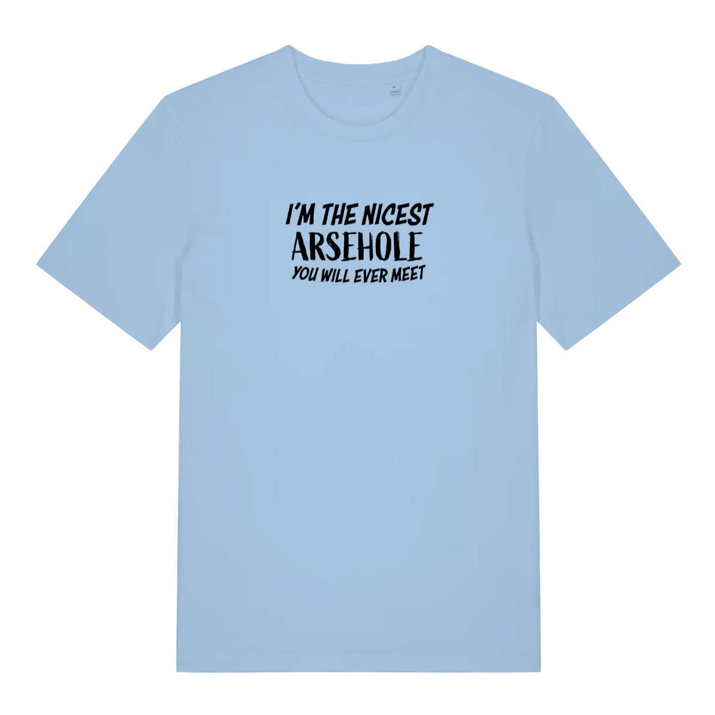light blue funny offensive t-shirt with the slogan 'i'm the nicest arsehole you will ever meet'