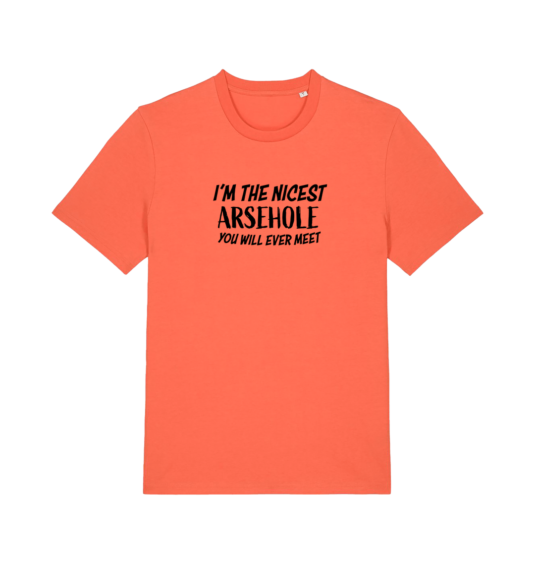 orange rude t-shirt with the slogan 'i'm the nicest arsehole you will ever meet'