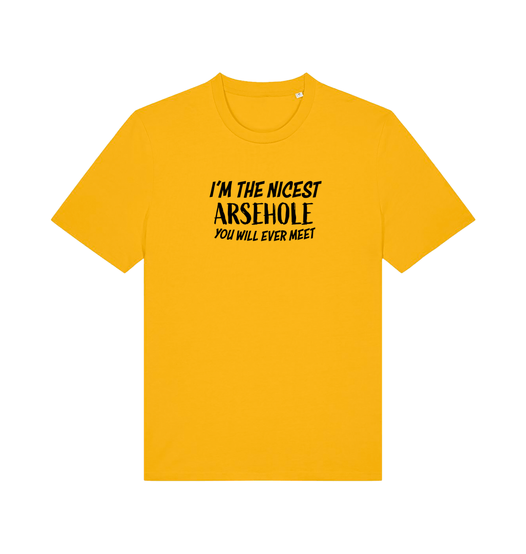 yellow rude t-shirt with the slogan 'i'm the nicest arsehole you will ever meet'